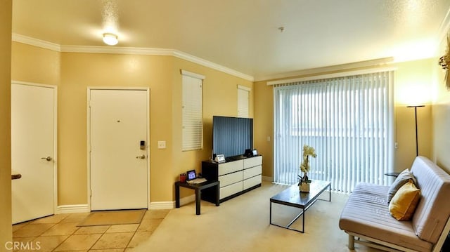 living room with ornamental molding and light tile patterned floors