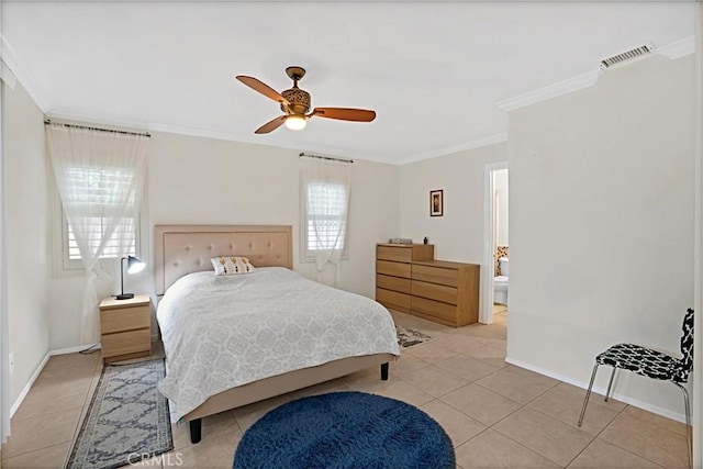 7230 Sarsaparilla Dr, Corona, CA 92881 - bedroom featuring light tile patterned floors, ornamental molding, baseboards, and a ceiling fan