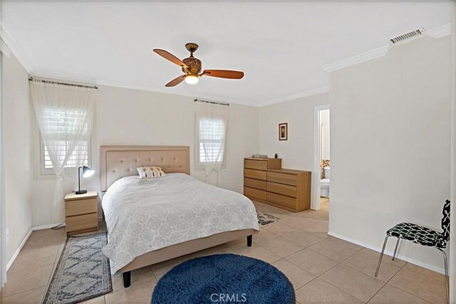 7230 Sarsaparilla Dr, Corona, CA 92881 - bedroom featuring light tile patterned floors, ornamental molding, baseboards, and a ceiling fan
