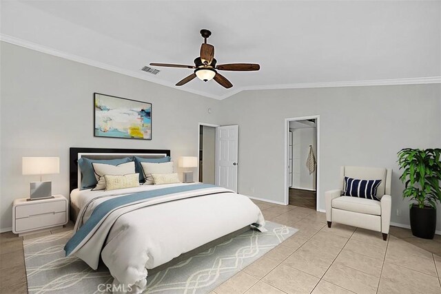 7230 Sarsaparilla Dr, Corona, CA 92881 - bedroom featuring crown molding, baseboards, light tile patterned floors, and ceiling fan