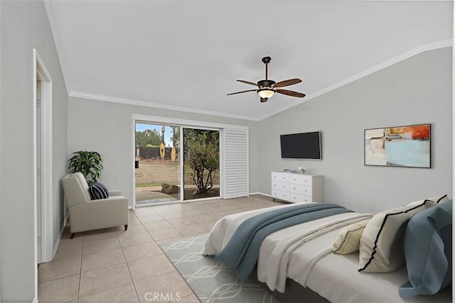 7230 Sarsaparilla Dr, Corona, CA 92881 - bedroom with lofted ceiling, access to outside, light tile patterned floors, ornamental molding, and ceiling fan