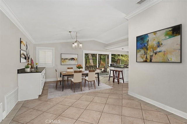 7230 Sarsaparilla Dr, Corona, CA 92881 - dining space with crown molding, light tile patterned floors, lofted ceiling, and baseboards