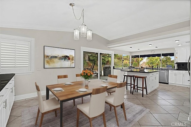 7230 Sarsaparilla Dr, Corona, CA 92881 - dining area featuring light tile patterned floors, a chandelier, crown molding, and baseboards