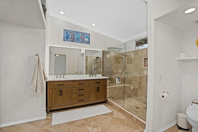 7230 Sarsaparilla Dr, Corona, CA 92881 - full bathroom with double vanity, ornamental molding, a stall shower, toilet, and baseboards