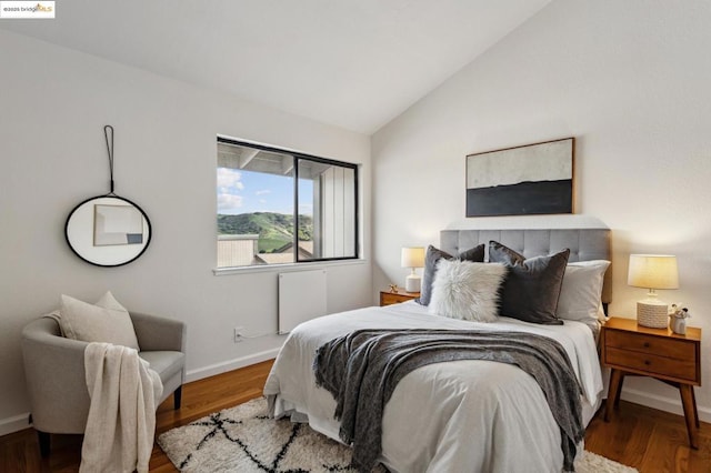 bedroom with wood-type flooring and lofted ceiling