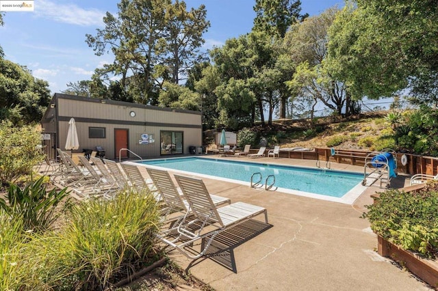 view of swimming pool featuring a patio area