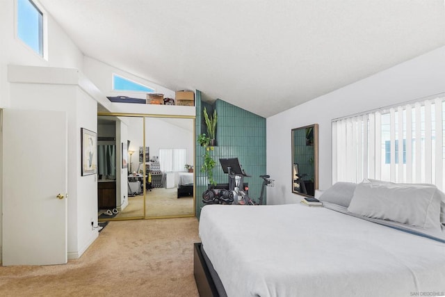 carpeted bedroom with lofted ceiling and a closet