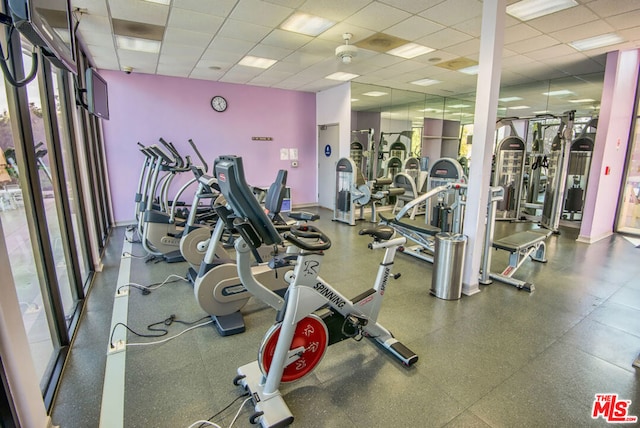 workout area with a paneled ceiling