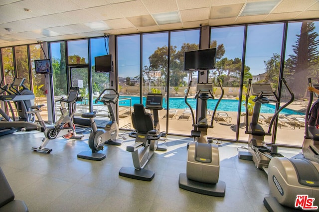 gym featuring a drop ceiling, a wall of windows, and a healthy amount of sunlight