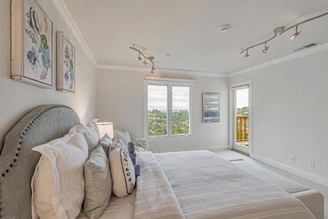 bedroom featuring light carpet, access to exterior, track lighting, and ornamental molding