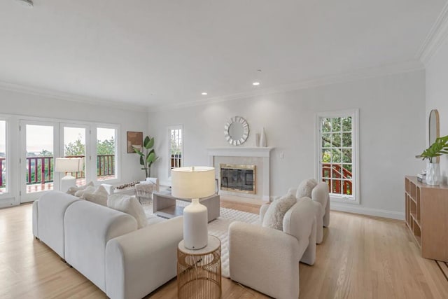 living room featuring ornamental molding, a fireplace, and light wood-type flooring