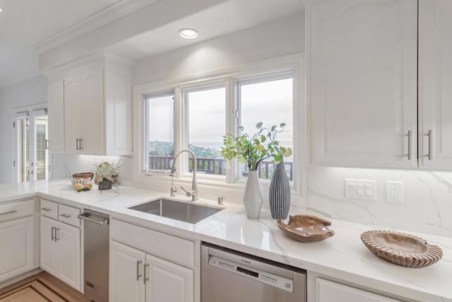 kitchen featuring sink, backsplash, stainless steel dishwasher, and white cabinets