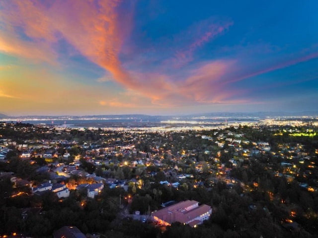 view of aerial view at dusk