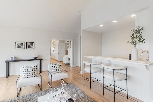 living room with high vaulted ceiling and light hardwood / wood-style floors