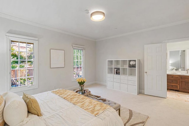 bedroom featuring light colored carpet, ornamental molding, and multiple windows