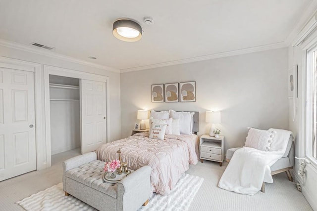 carpeted bedroom featuring ornamental molding and a closet