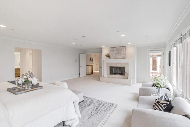 bedroom with light carpet and crown molding