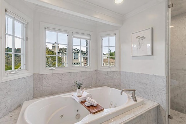 bathroom featuring ornamental molding, tiled bath, and a wealth of natural light