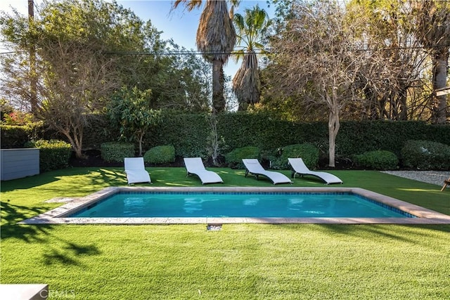 view of pool featuring a lawn