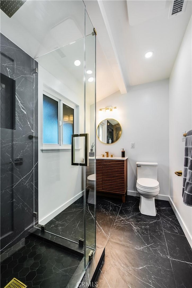 bathroom featuring walk in shower, vanity, toilet, and beamed ceiling