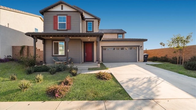 view of front facade featuring a garage, a porch, and a front lawn