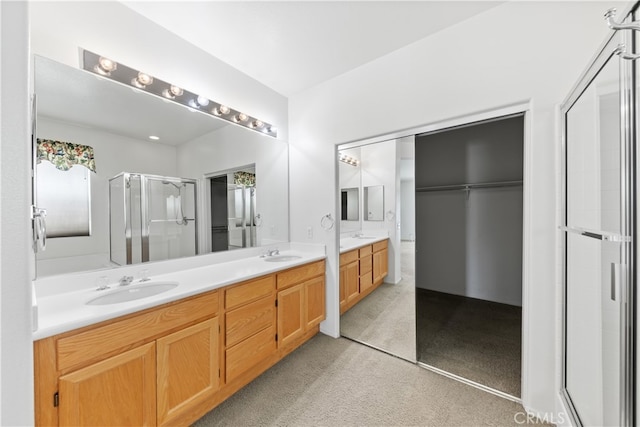 bathroom featuring vanity and a shower with shower door