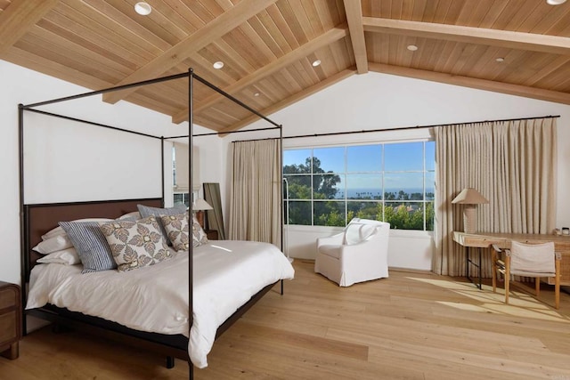 bedroom with lofted ceiling with beams, wood ceiling, and light hardwood / wood-style floors