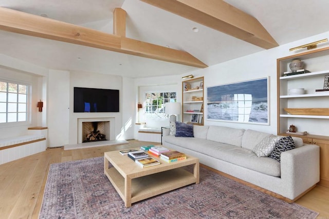 6260 Waverly Ave, La Jolla, CA 92037 - living room featuring wood-type flooring, plenty of natural light, a fireplace with raised hearth, and built in shelves