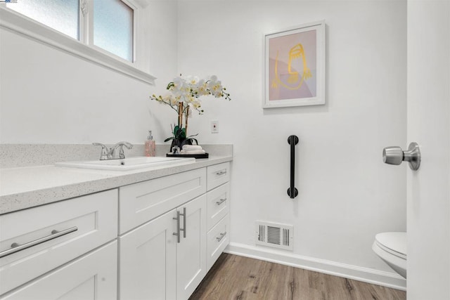 bathroom with hardwood / wood-style flooring, vanity, and toilet