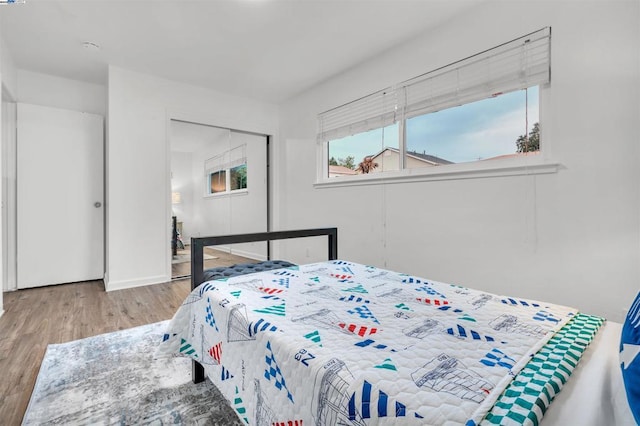 bedroom with light hardwood / wood-style flooring and a closet