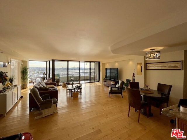 living room featuring a wall of windows and light wood-type flooring