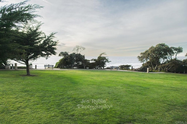 view of home's community with a water view and a lawn