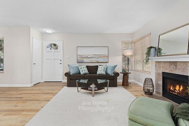 living room featuring light hardwood / wood-style flooring and a fireplace