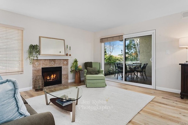 living room featuring a fireplace and light hardwood / wood-style flooring