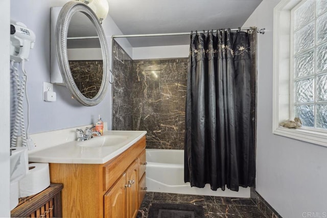 bathroom with shower / bath combination with curtain and vanity