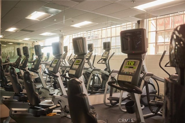 exercise room featuring a paneled ceiling