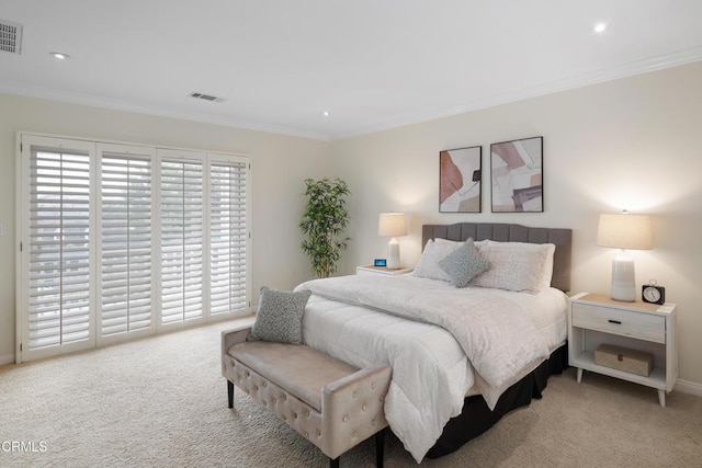 carpeted bedroom with crown molding and access to outside