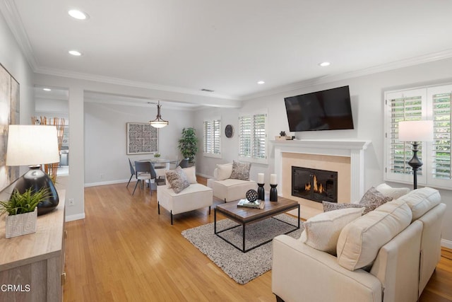 living room with ornamental molding and light hardwood / wood-style flooring