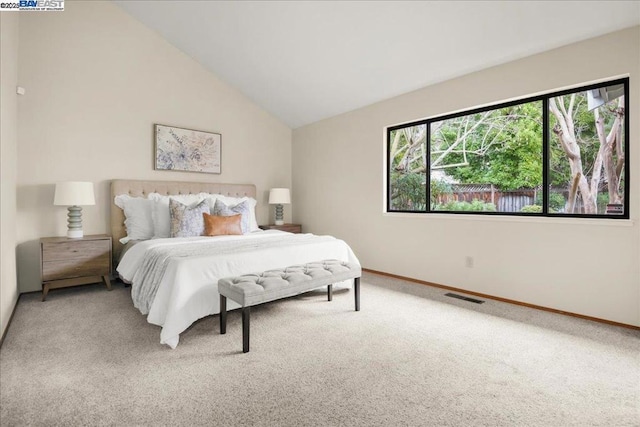 bedroom featuring lofted ceiling and carpet