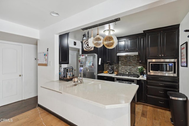 kitchen with sink, hanging light fixtures, stainless steel appliances, and light hardwood / wood-style floors