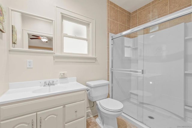 bathroom featuring vanity, tile patterned floors, toilet, and walk in shower