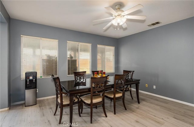 dining space featuring light wood-style floors, visible vents, ceiling fan, and baseboards