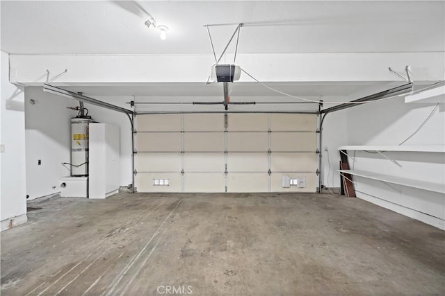 garage featuring a garage door opener and water heater