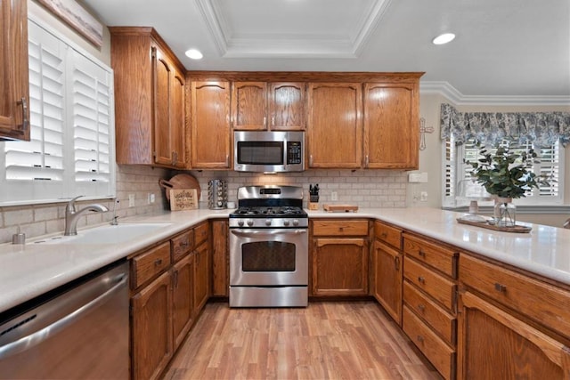 kitchen featuring a healthy amount of sunlight, appliances with stainless steel finishes, light hardwood / wood-style floors, and ornamental molding