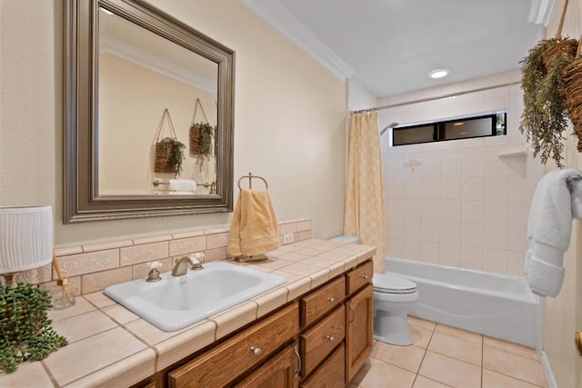 full bathroom with crown molding, tile patterned flooring, vanity, toilet, and shower / bath combo with shower curtain