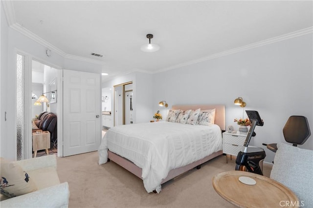 carpeted bedroom with crown molding