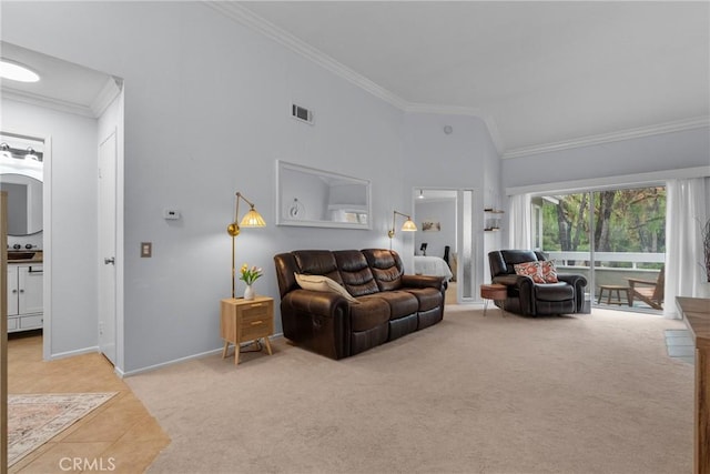 carpeted living room featuring crown molding and high vaulted ceiling