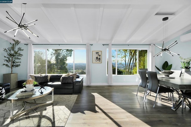 living room featuring vaulted ceiling with beams, dark wood-type flooring, a wall unit AC, and a notable chandelier