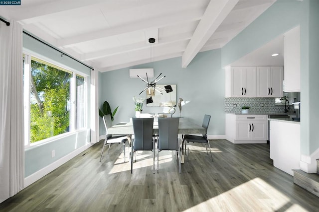 dining room featuring a wall mounted air conditioner, dark hardwood / wood-style flooring, and lofted ceiling with beams