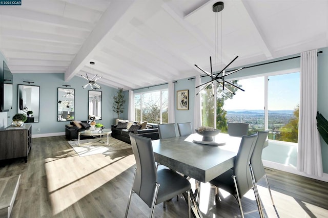 dining room with hardwood / wood-style flooring, vaulted ceiling with beams, and a notable chandelier